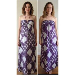 BCBG Maxazria Purple White Batik Halter/Strapless Maxi Summer Dress Small